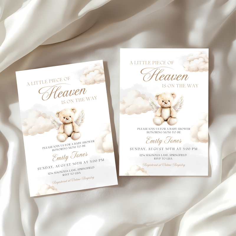 Baby Shower Invitation - Little Piece Of Heaven Bear with Angel Wings BS172