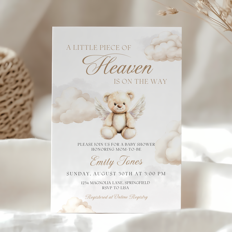 Baby Shower Invitation Bundle - Little Piece Of Heaven Beige Heaven Sent Teddy Bear BS172