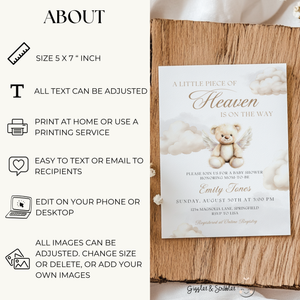 Baby Shower Invitation - Little Piece Of Heaven Bear with Angel Wings BS172