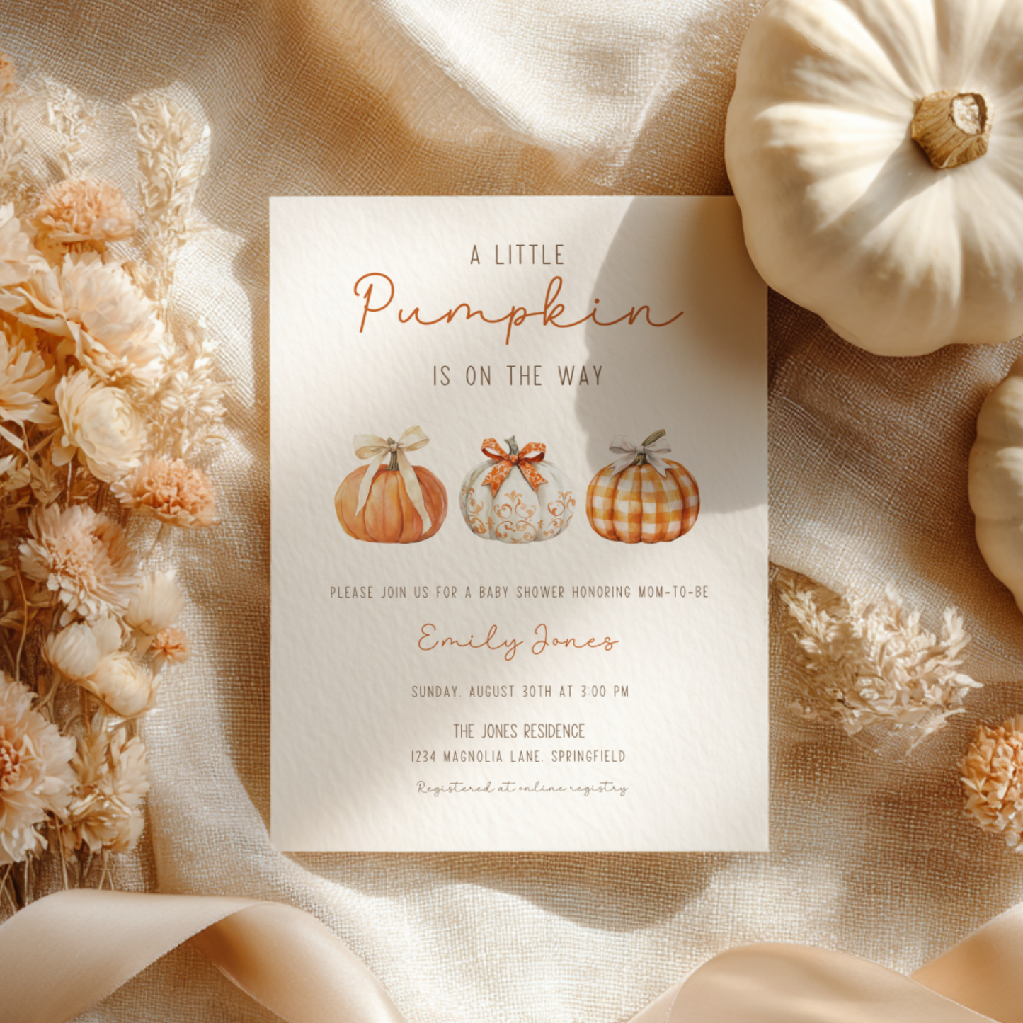 Baby Shower Invitation - Little Pumpkin On The Way Minimalist Gingham Fall BS180