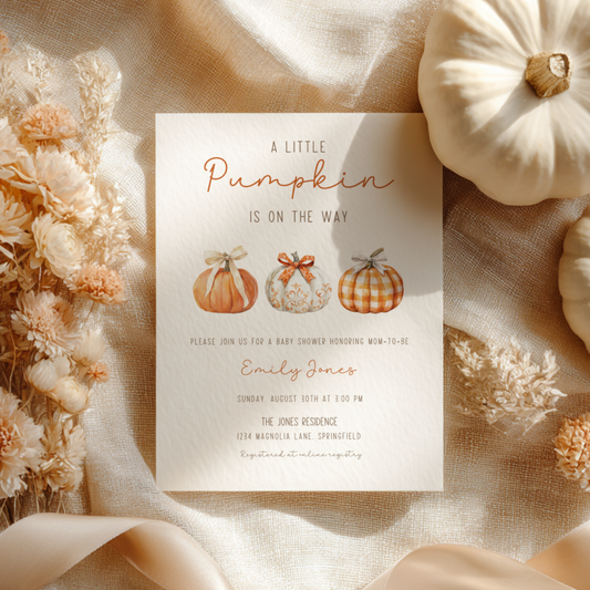Baby Shower Invitation - Little Pumpkin On The Way Minimalist Gingham Fall BS180