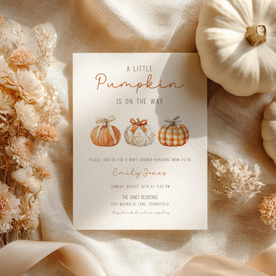 Baby Shower Invitation - Little Pumpkin On The Way Minimalist Gingham Fall BS180