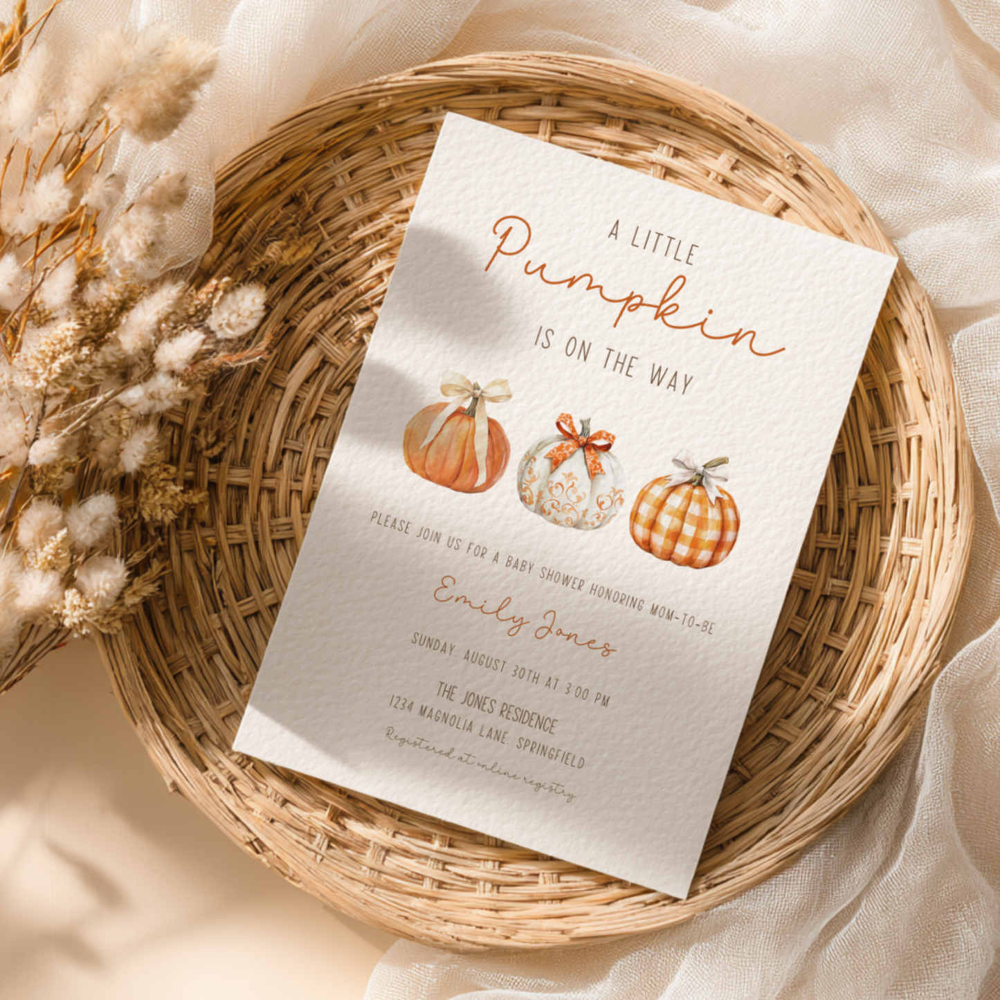 Baby Shower Invitation - Little Pumpkin On The Way Minimalist Gingham Fall BS180