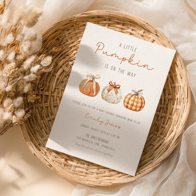 Baby Shower Invitation - Little Pumpkin On The Way Minimalist Gingham Fall BS180