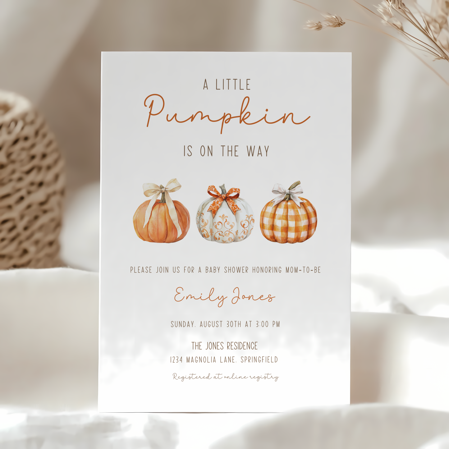 Baby Shower Invitation - Little Pumpkin On The Way Minimalist Gingham Fall BS180