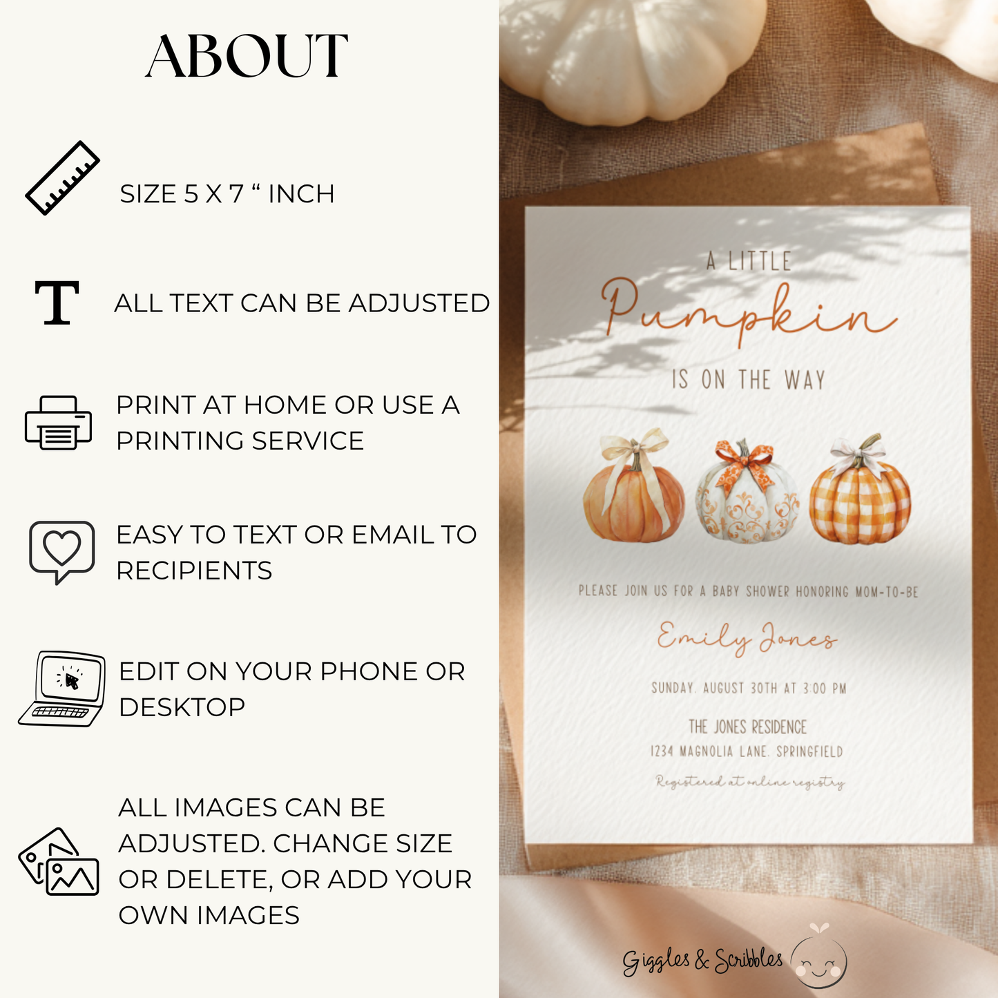 Baby Shower Invitation - Little Pumpkin On The Way Minimalist Gingham Fall BS180