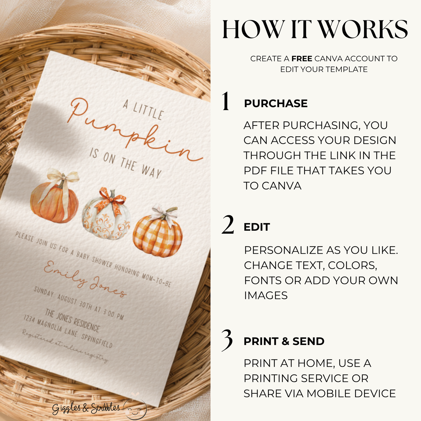 Baby Shower Invitation - Little Pumpkin On The Way Minimalist Gingham Fall BS180