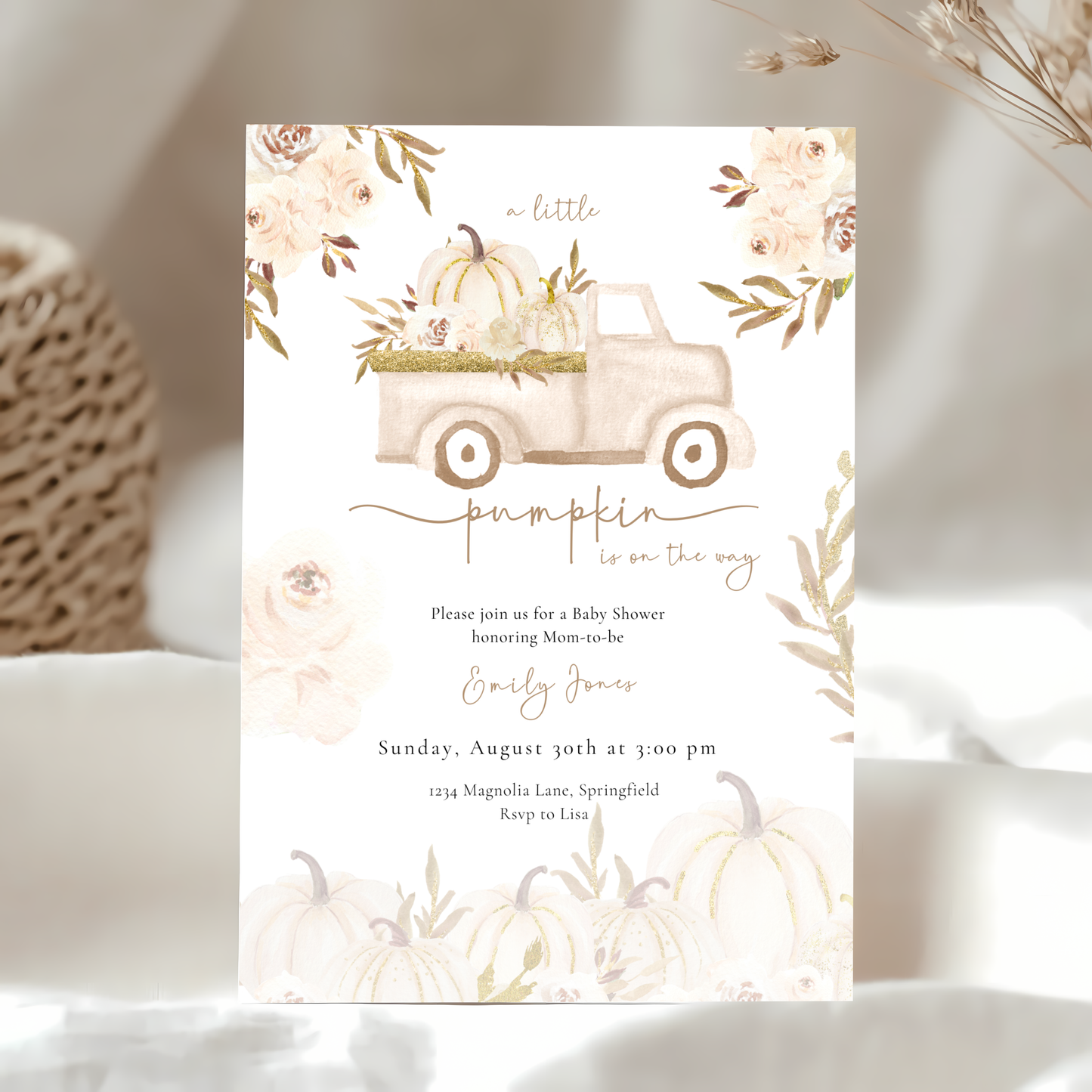 Baby Shower Invitation - A Little Pumpkin Is On The Way Beige & Gold Rustic Boho BS166