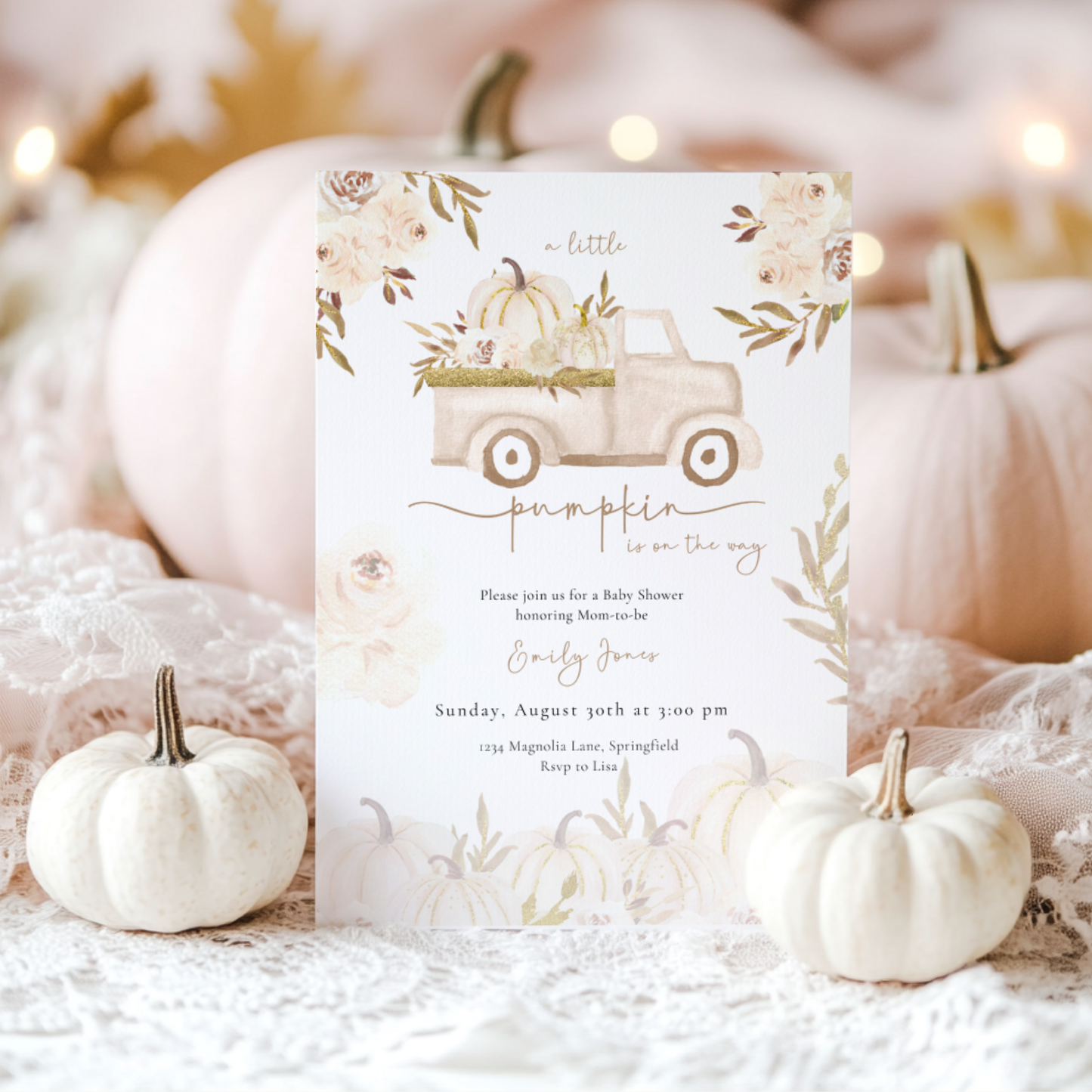 Baby Shower Invitation - A Little Pumpkin Is On The Way Beige & Gold Rustic Boho BS166