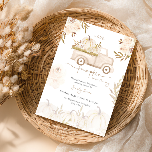 Baby Shower Invitation - A Little Pumpkin Is On The Way Beige & Gold Rustic Boho BS166