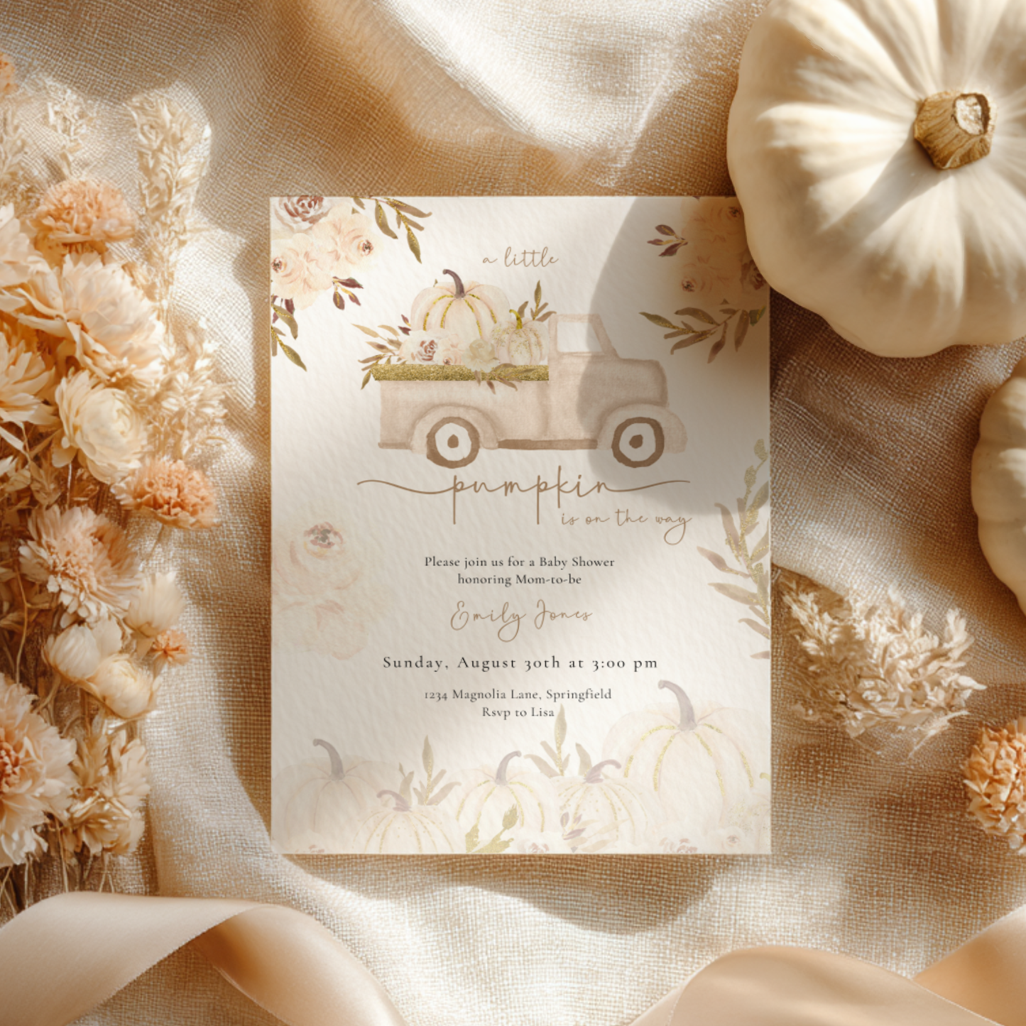 Baby Shower Invitation - A Little Pumpkin Is On The Way Beige & Gold Rustic Boho BS166