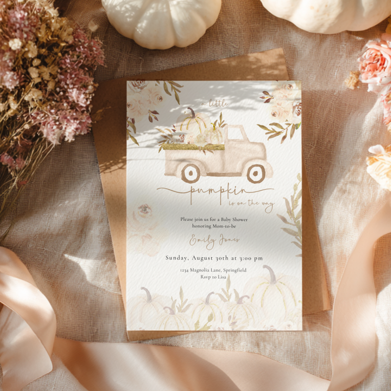 Baby Shower Invitation - A Little Pumpkin Is On The Way Beige & Gold Rustic Boho BS166