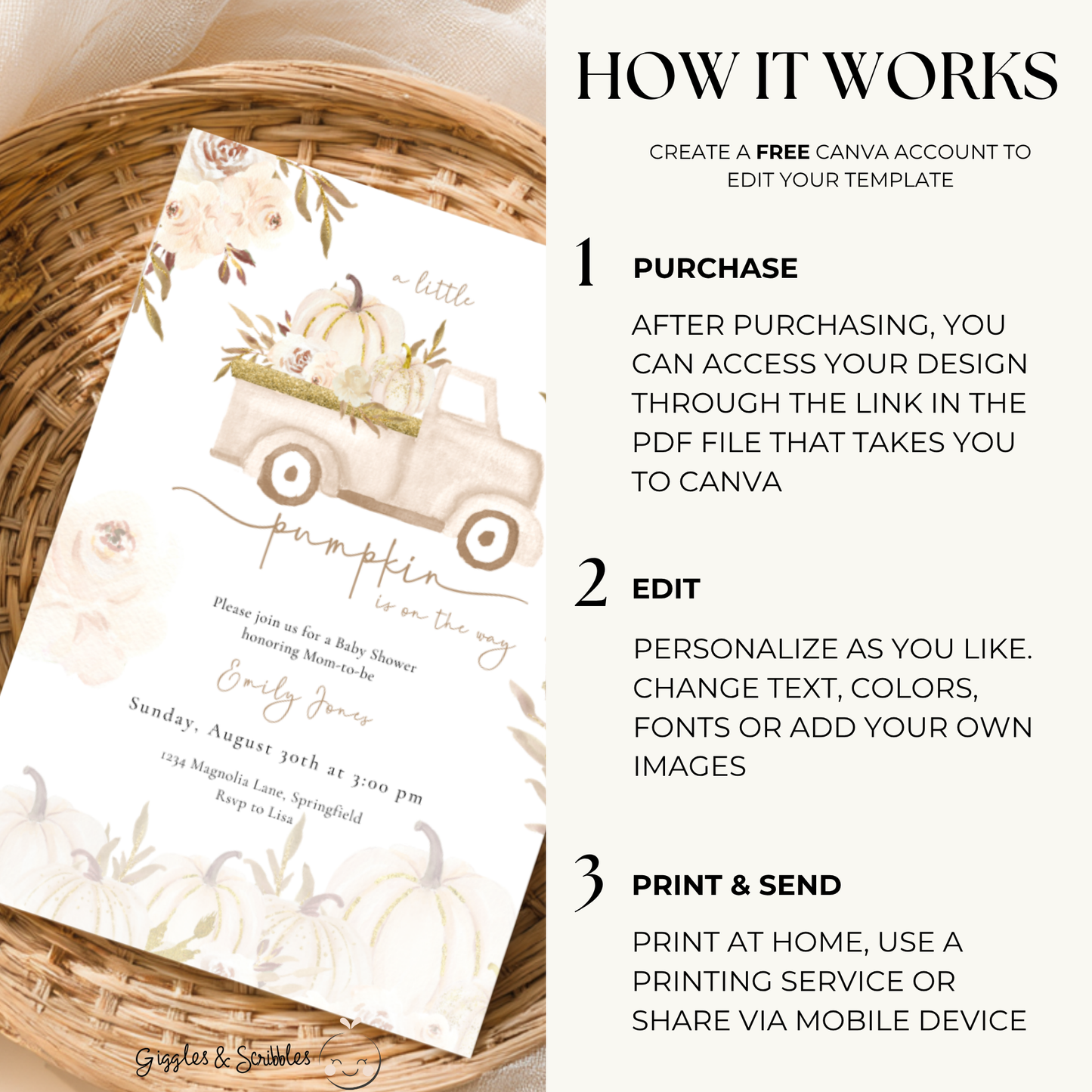 Baby Shower Invitation - A Little Pumpkin Is On The Way Beige & Gold Rustic Boho BS166