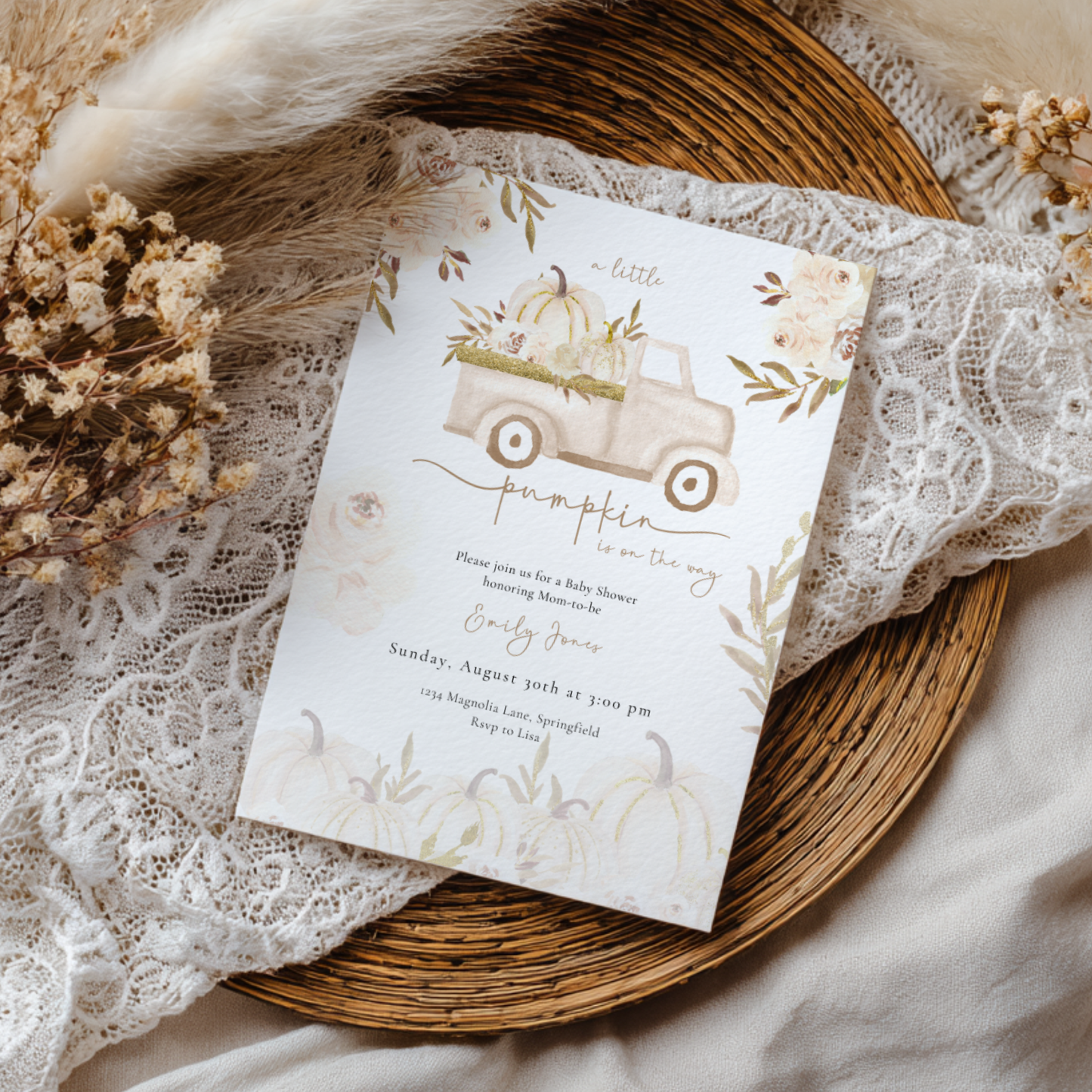 Baby Shower Invitation - A Little Pumpkin Is On The Way Beige & Gold Rustic Boho BS166