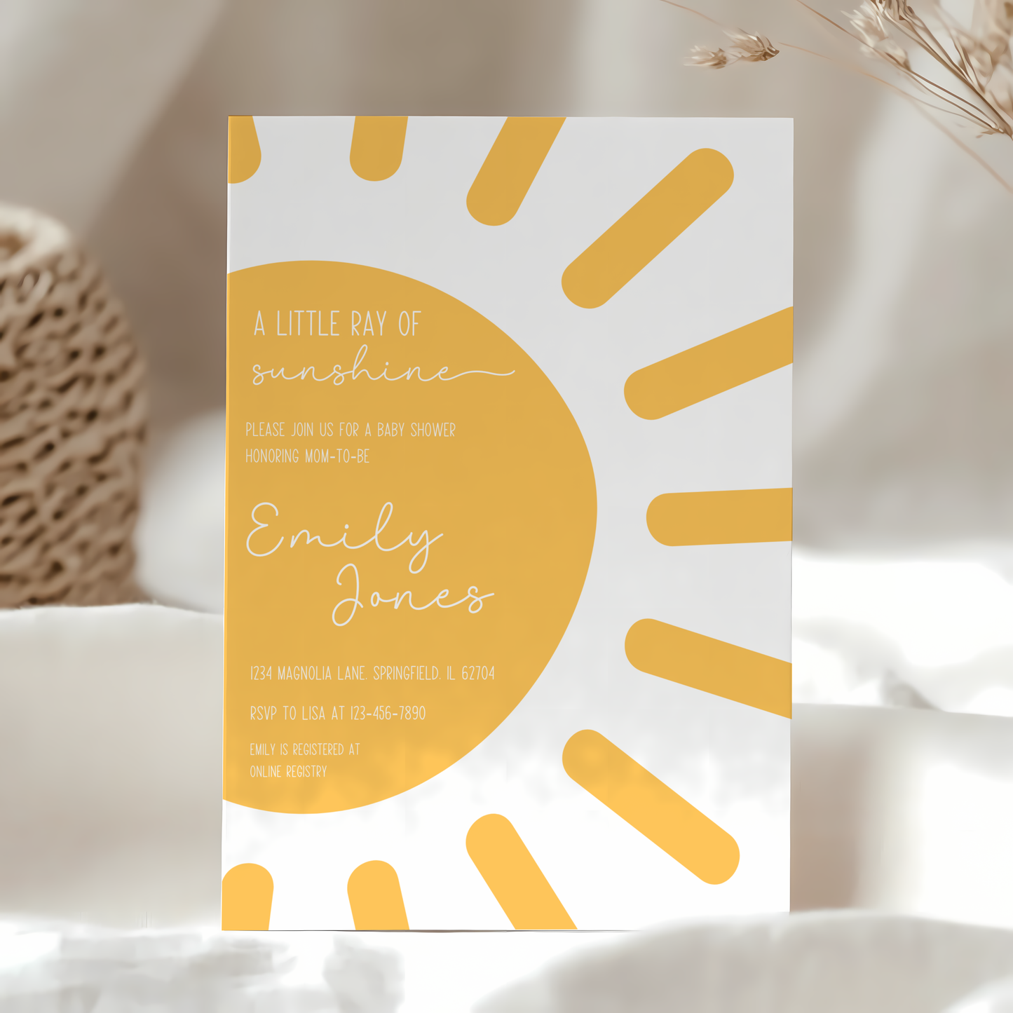 Baby Shower Invitation - Sun Little Ray of Sunshine Modern Minimalist Yellow Gender Neutral BS130