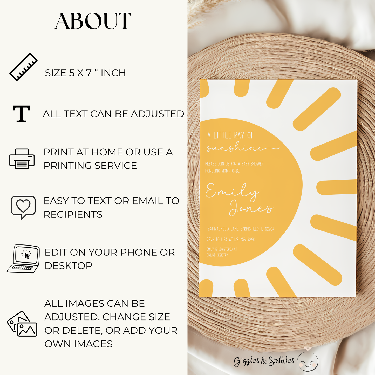Baby Shower Invitation - Sun Little Ray of Sunshine Modern Minimalist Yellow Gender Neutral BS130