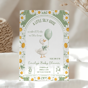 Baby Shower Invitation - A Little Silly Goose Green with Daisies BS88