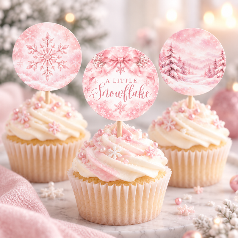 Pink Snowflake Baby Shower Cupcake Toppers BS337