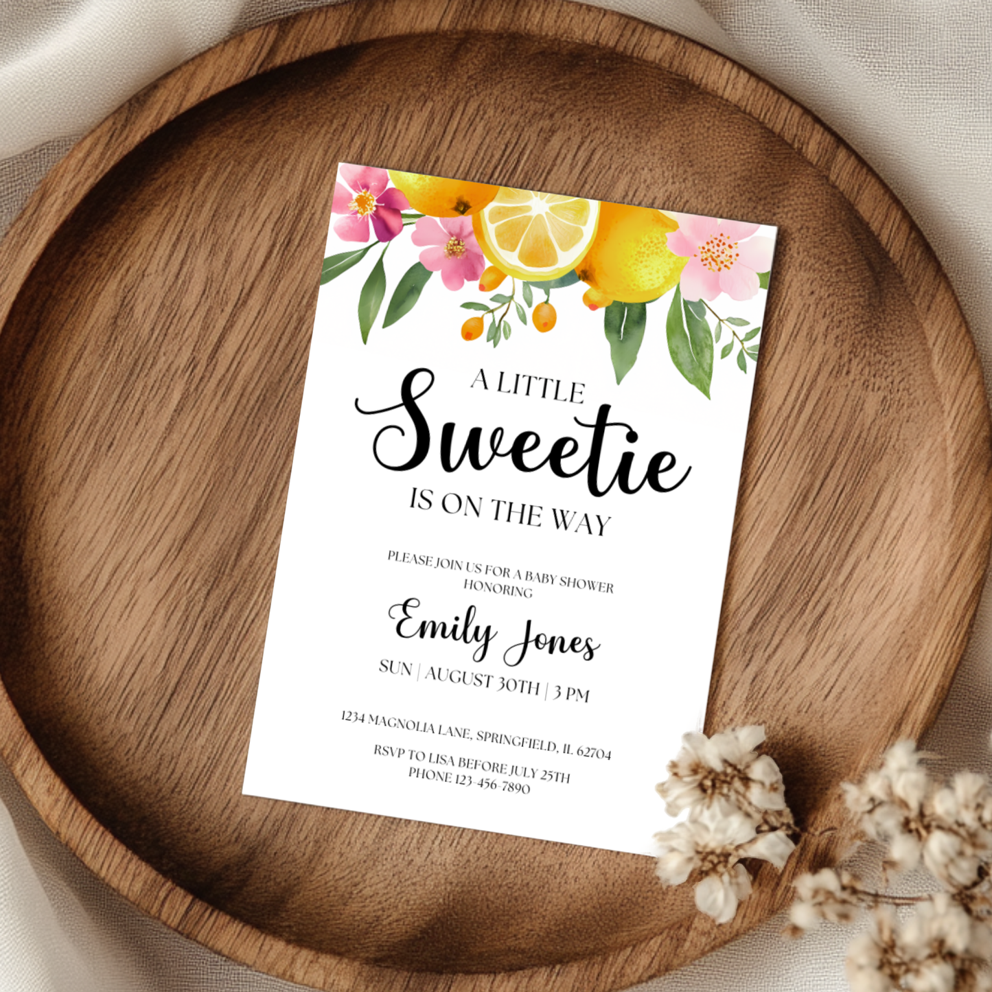 Baby Shower Invitation - Little Sweetie On The Way Lemon Citrus Summer Floral BS114