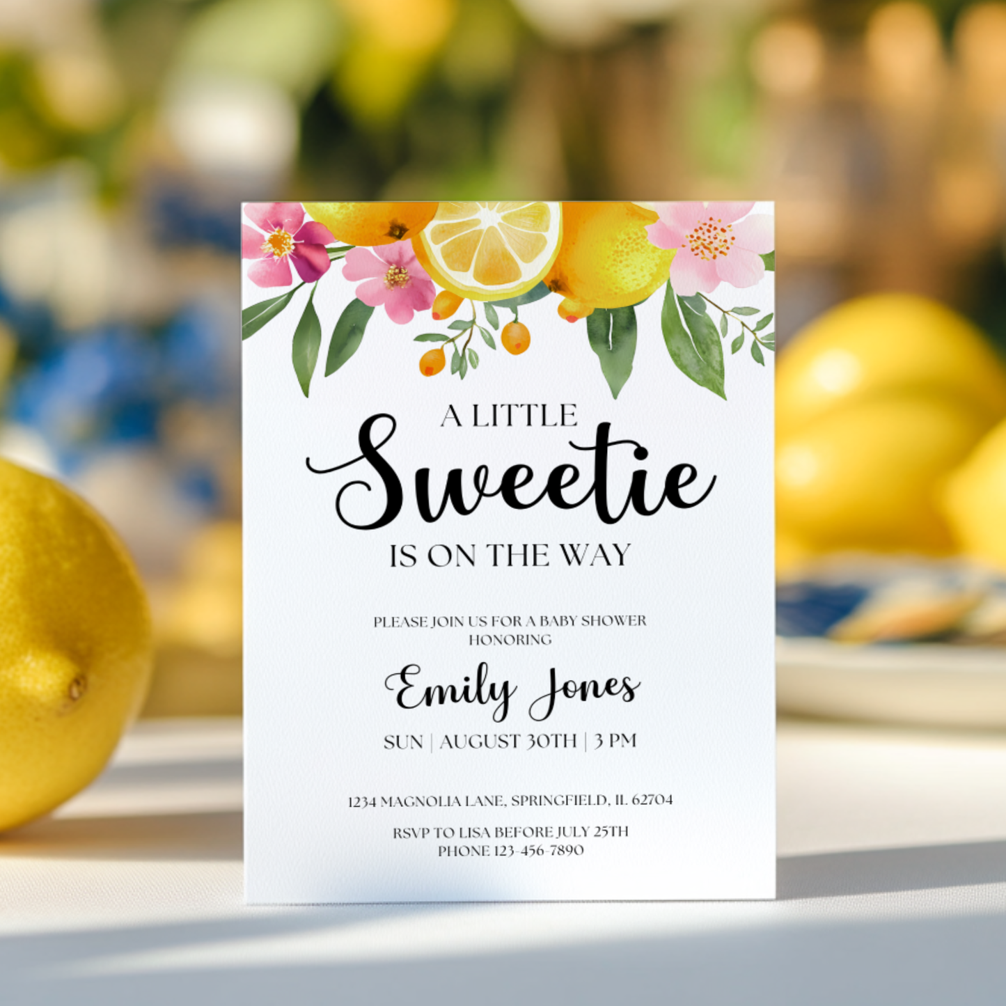 Baby Shower Invitation - Little Sweetie On The Way Lemon Citrus Summer Floral BS114