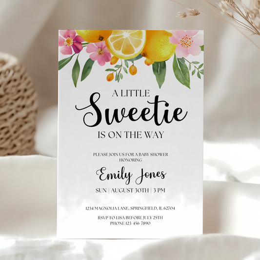 Baby Shower Invitation - Little Sweetie On The Way Lemon Citrus Summer Floral BS114