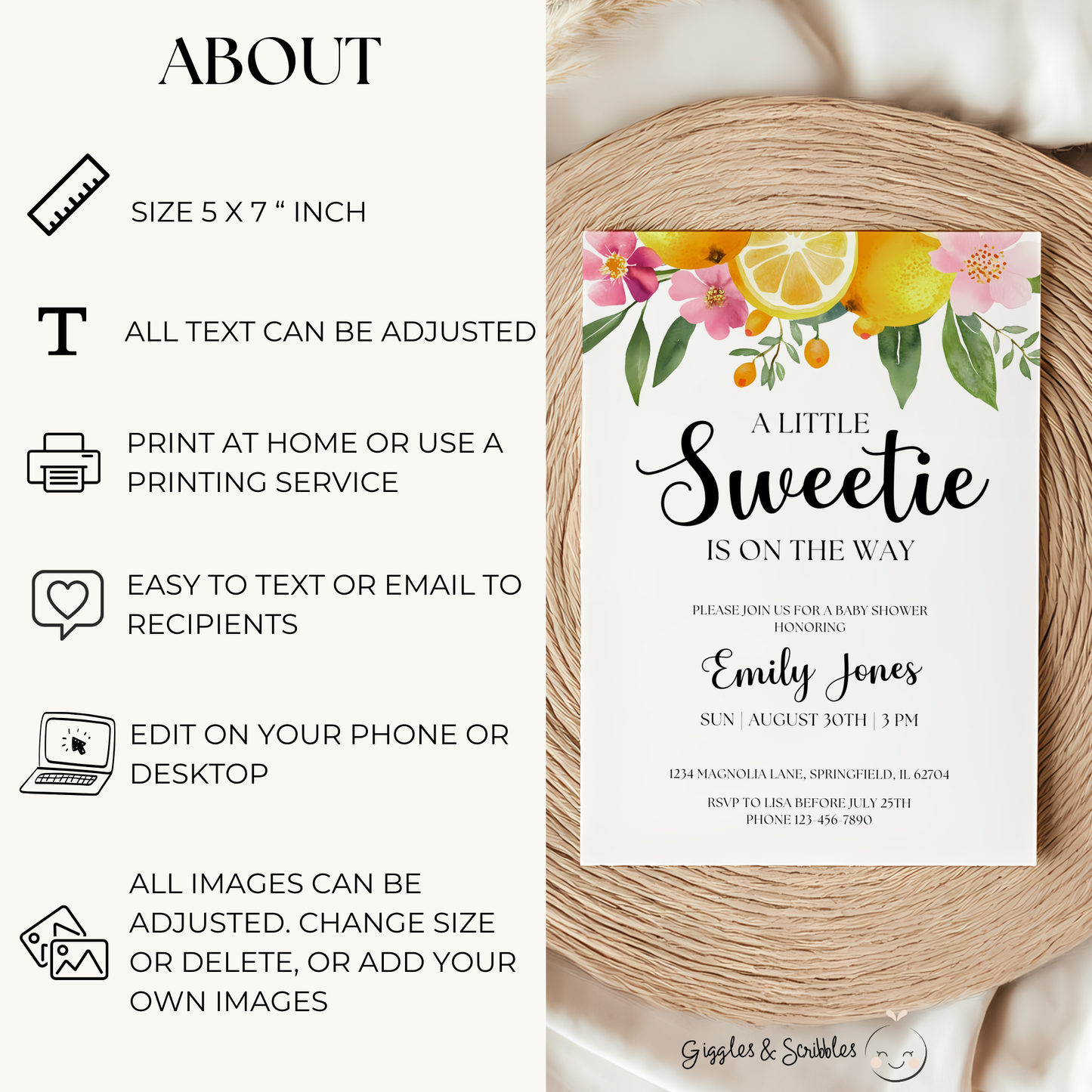 Baby Shower Invitation - Little Sweetie On The Way Lemon Citrus Summer Floral BS114