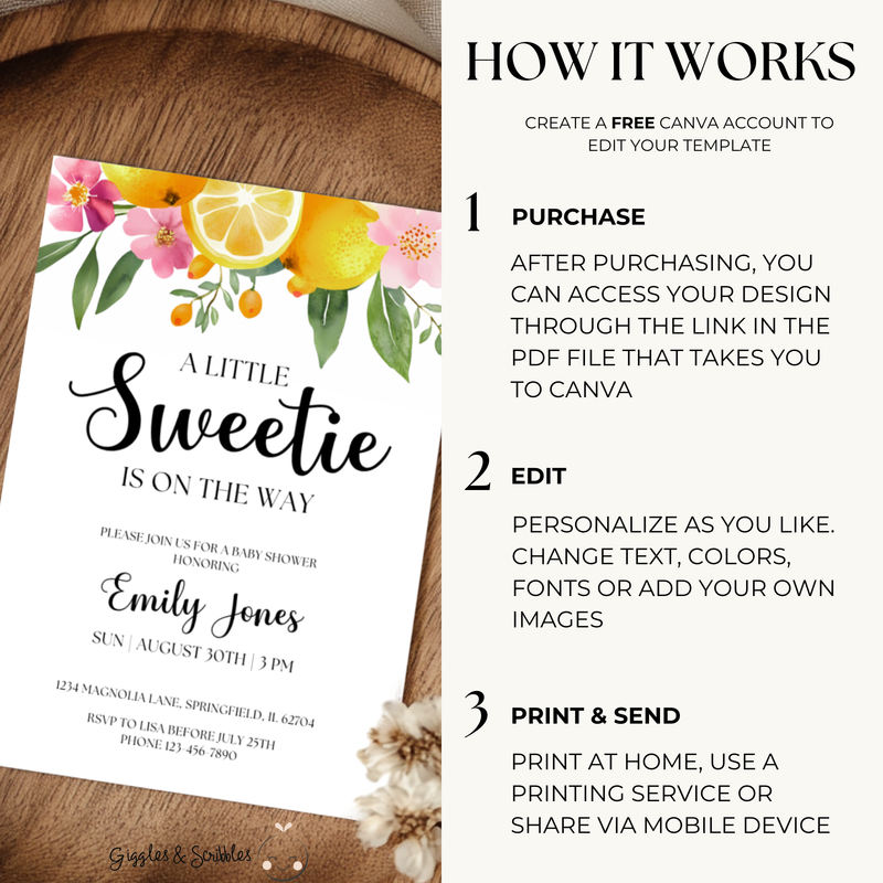 Baby Shower Invitation - Little Sweetie On The Way Lemon Citrus Summer Floral BS114