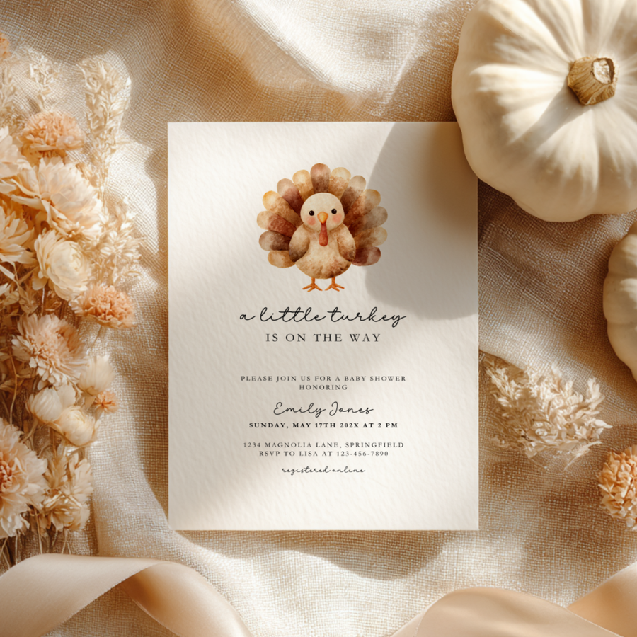 Baby Shower Invitation - A Little Turkey Is On The Way Thanksgiving Fall BS254