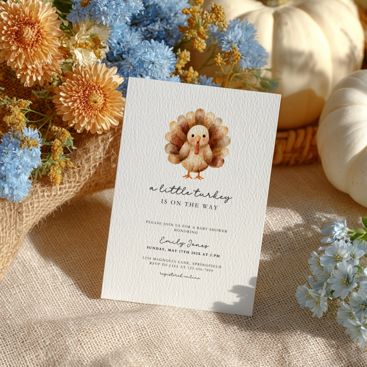Baby Shower Invitation - A Little Turkey Is On The Way Thanksgiving Fall BS254