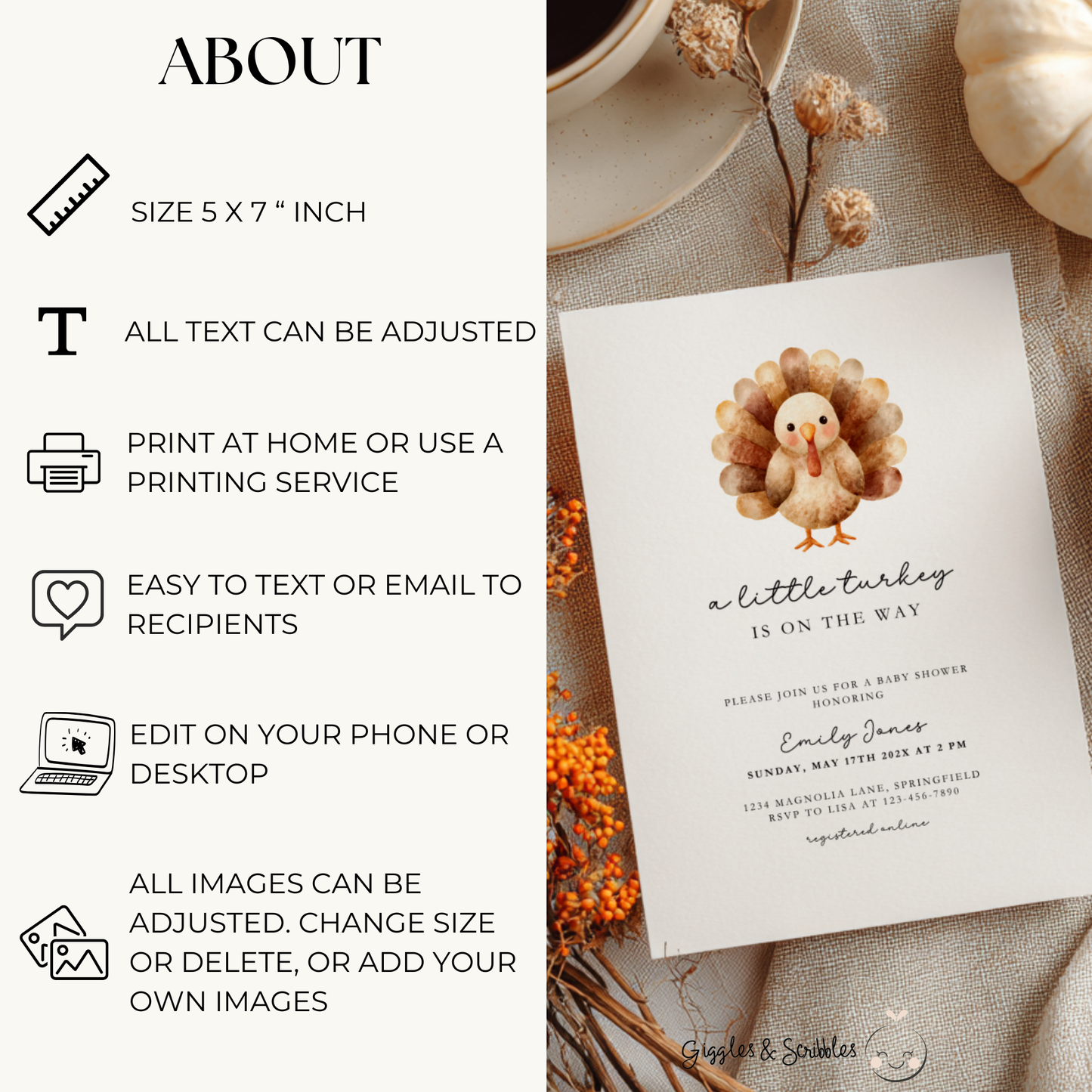 Baby Shower Invitation - A Little Turkey Is On The Way Thanksgiving Fall BS254