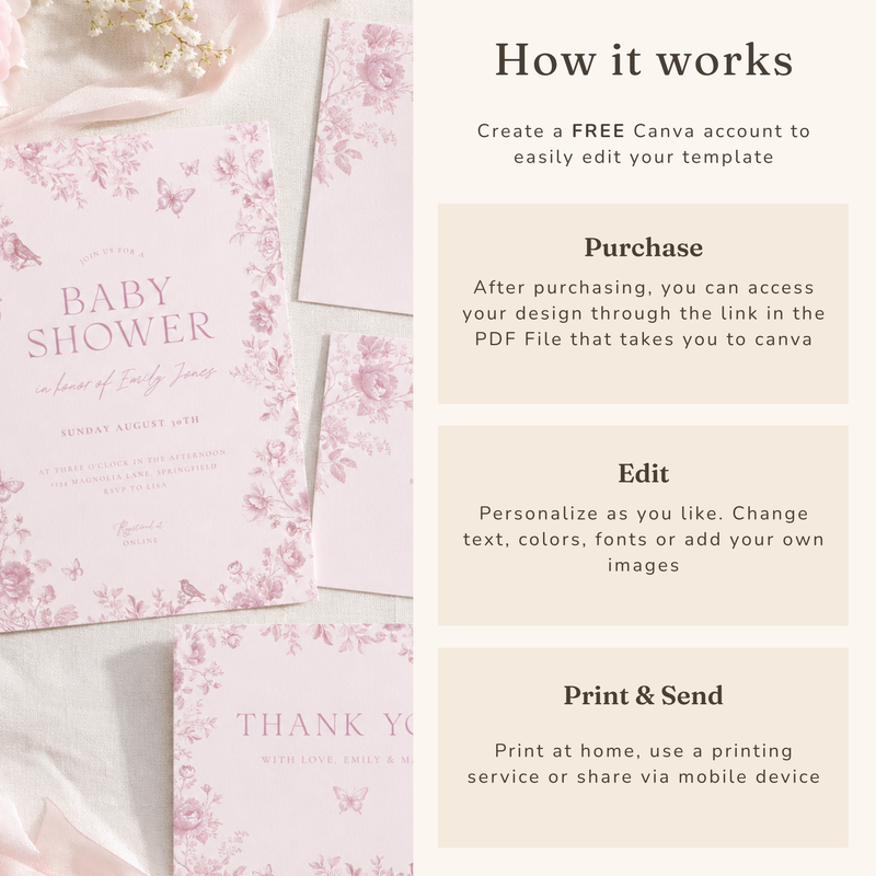 Pink Toile Baby Shower Invitation Set BS187