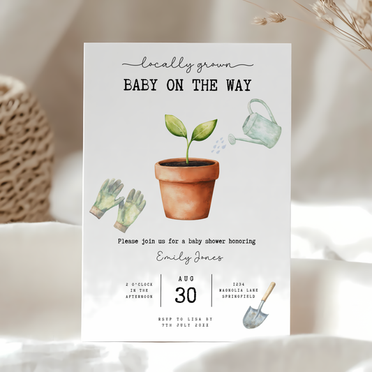Baby Shower Invitation - Locally Grown With Love Organic Plant Gardening Theme BS84