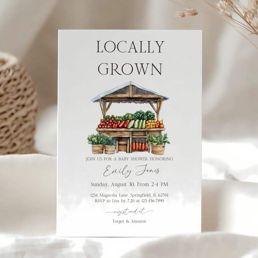 Baby Shower Invitation - Locally Grown Farmers Market Stand Veggie BS96
