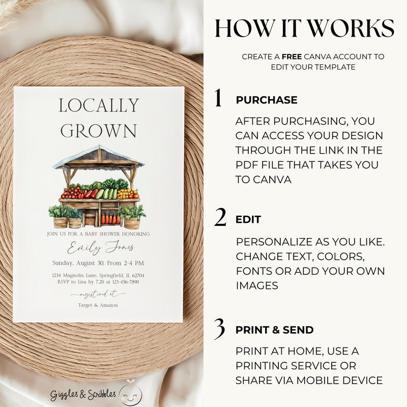 Baby Shower Invitation - Locally Grown Farmers Market Stand Veggie BS96