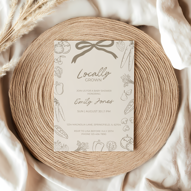 Baby Shower Invitation - Beige Locally Grown Hand Drawn Organic Farmers Market BS100