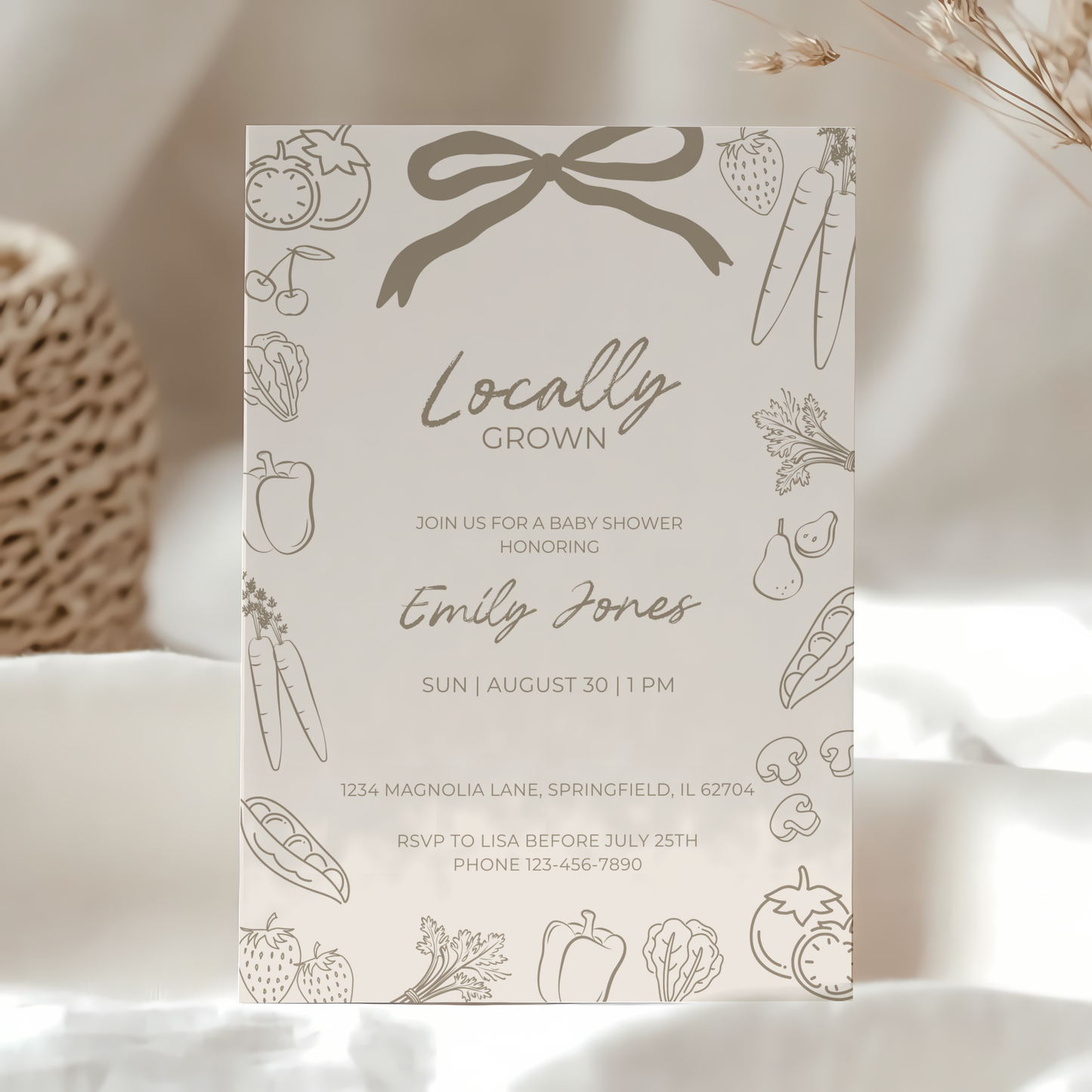 Baby Shower Invitation - Beige Locally Grown Hand Drawn Organic Farmers Market BS100