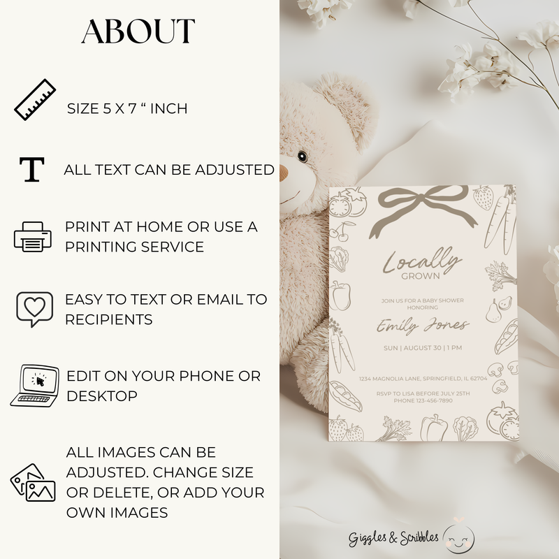 Baby Shower Invitation - Beige Locally Grown Hand Drawn Organic Farmers Market BS100
