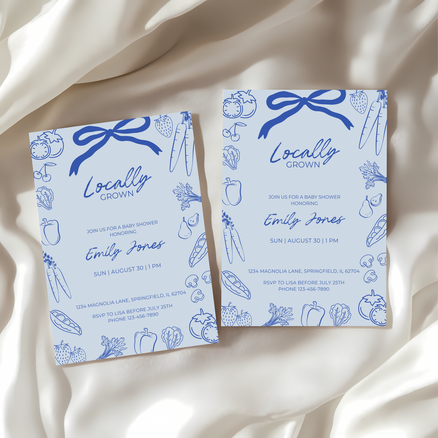 Baby Shower Invitation - Blue Locally Grown Hand Drawn Organic Farmers Market BS100