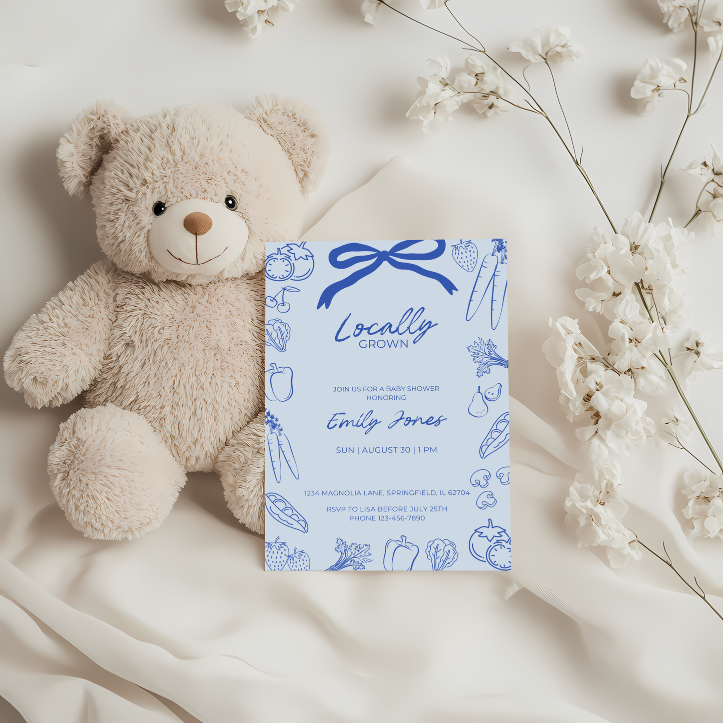 Baby Shower Invitation - Blue Locally Grown Hand Drawn Organic Farmers Market BS100