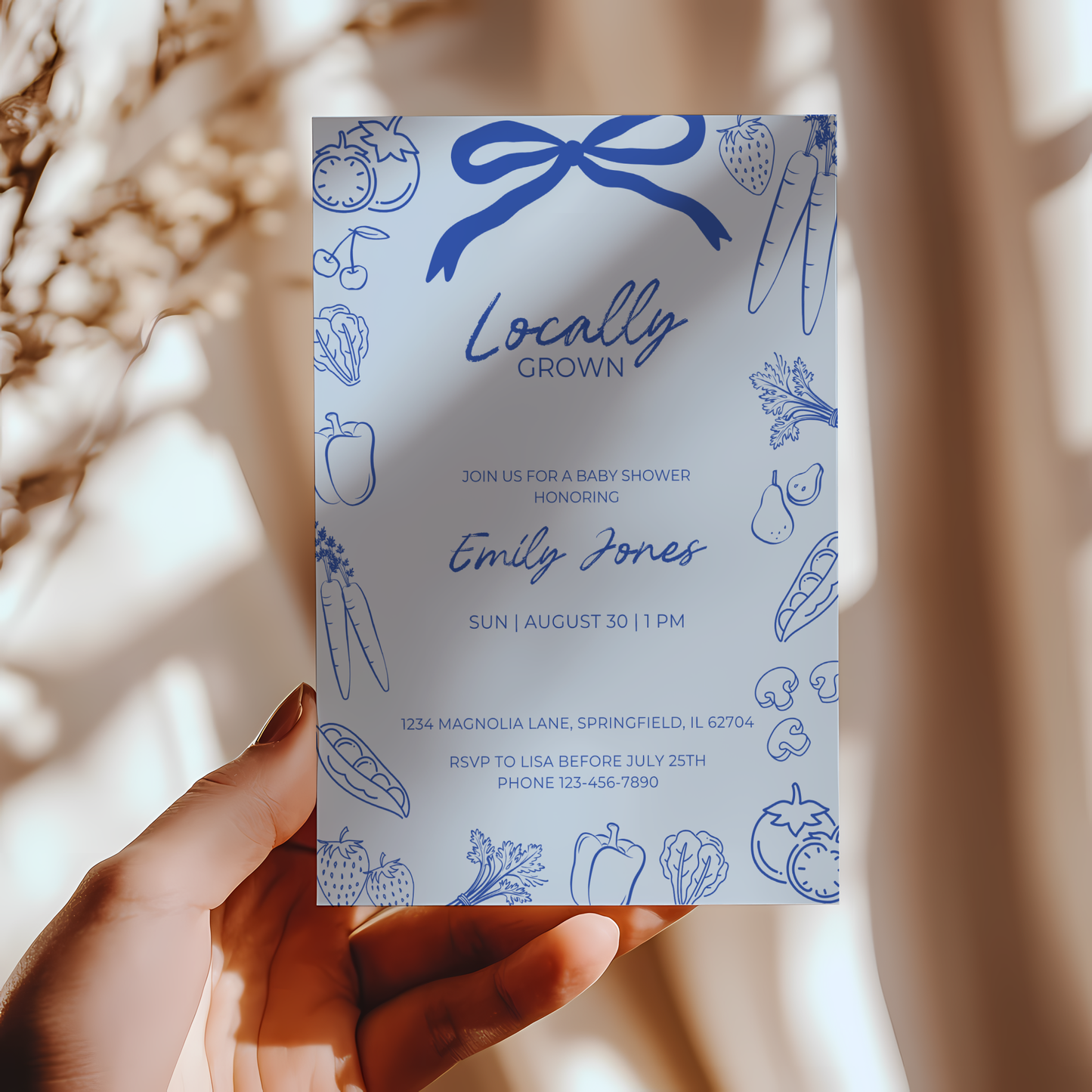 Baby Shower Invitation - Blue Locally Grown Hand Drawn Organic Farmers Market BS100