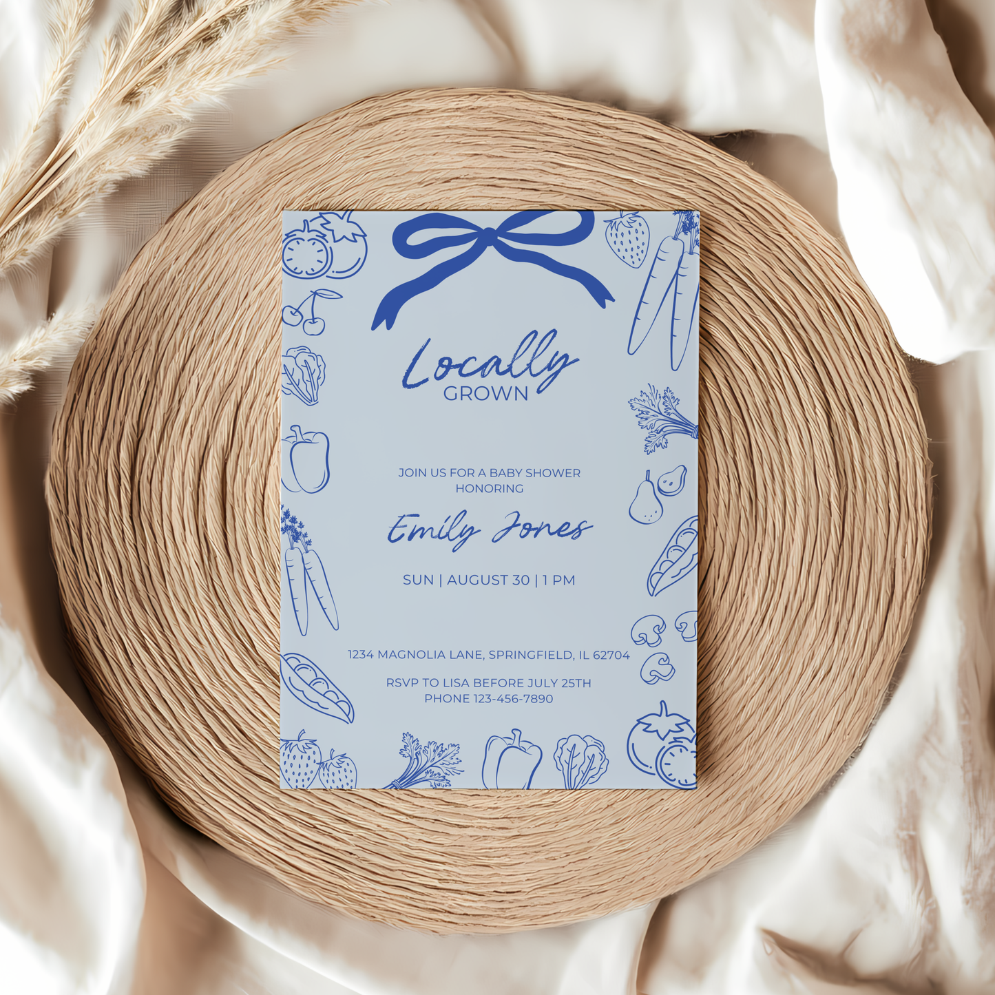 Baby Shower Invitation - Blue Locally Grown Hand Drawn Organic Farmers Market BS100