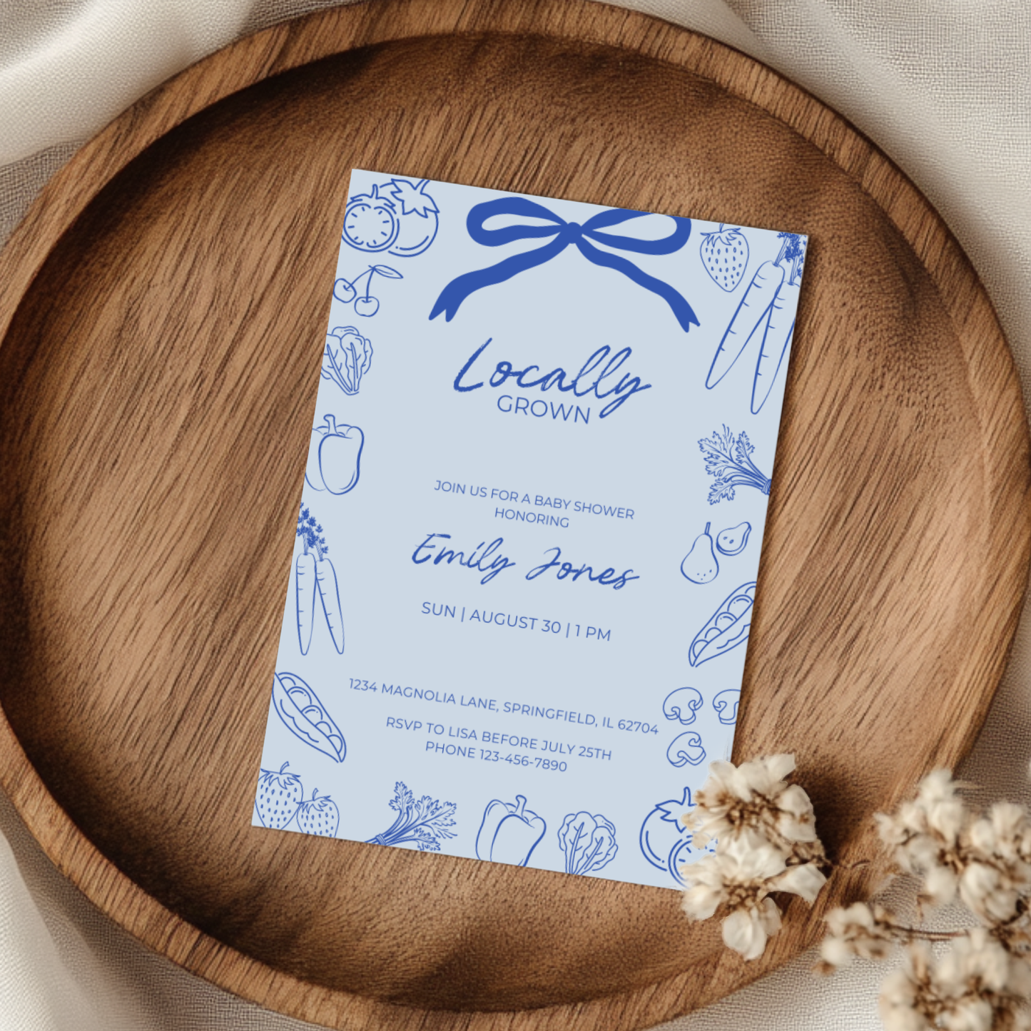 Baby Shower Invitation - Blue Locally Grown Hand Drawn Organic Farmers Market BS100