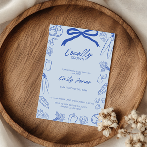 Baby Shower Invitation - Blue Locally Grown Hand Drawn Organic Farmers Market BS100
