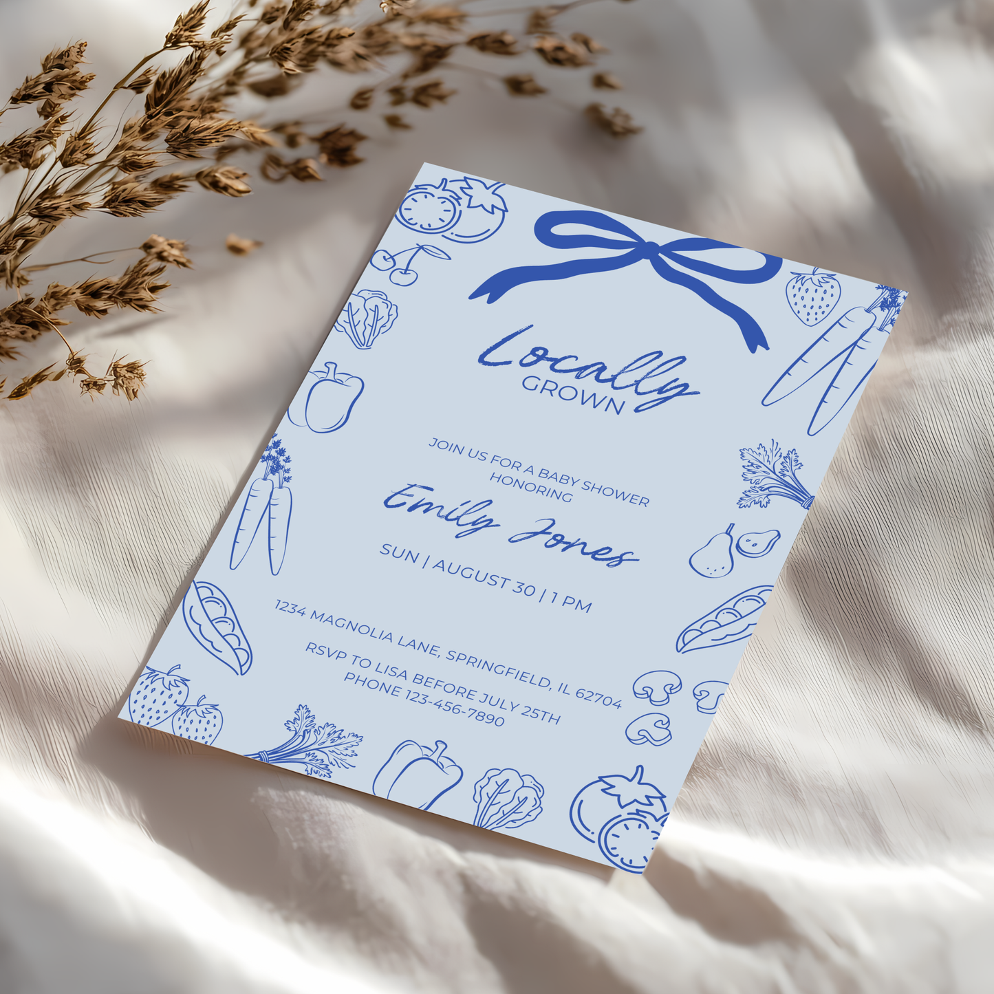 Baby Shower Invitation - Blue Locally Grown Hand Drawn Organic Farmers Market BS100