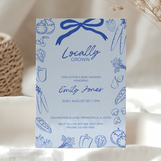 Baby Shower Invitation - Blue Locally Grown Hand Drawn Organic Farmers Market BS100