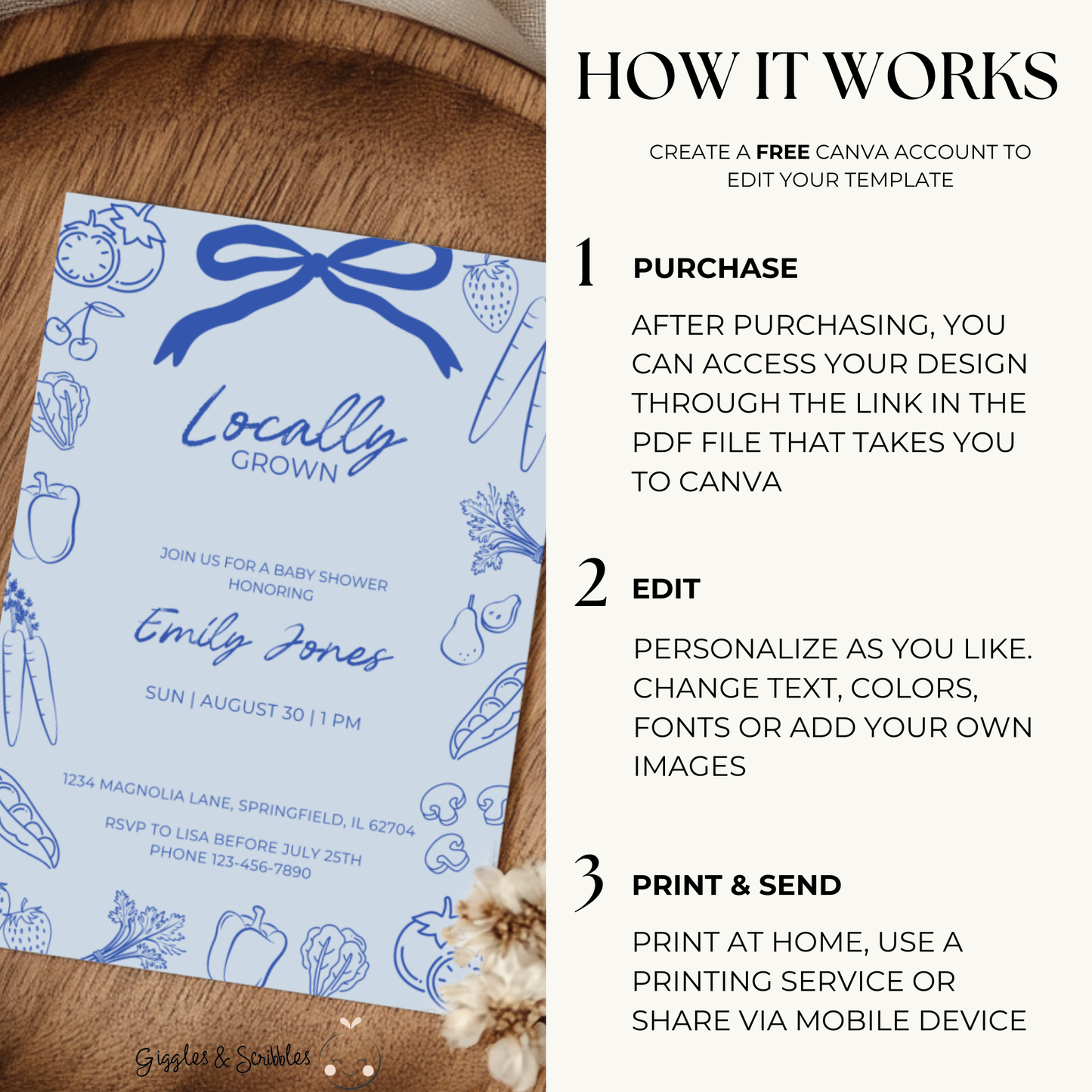 Baby Shower Invitation - Blue Locally Grown Hand Drawn Organic Farmers Market BS100