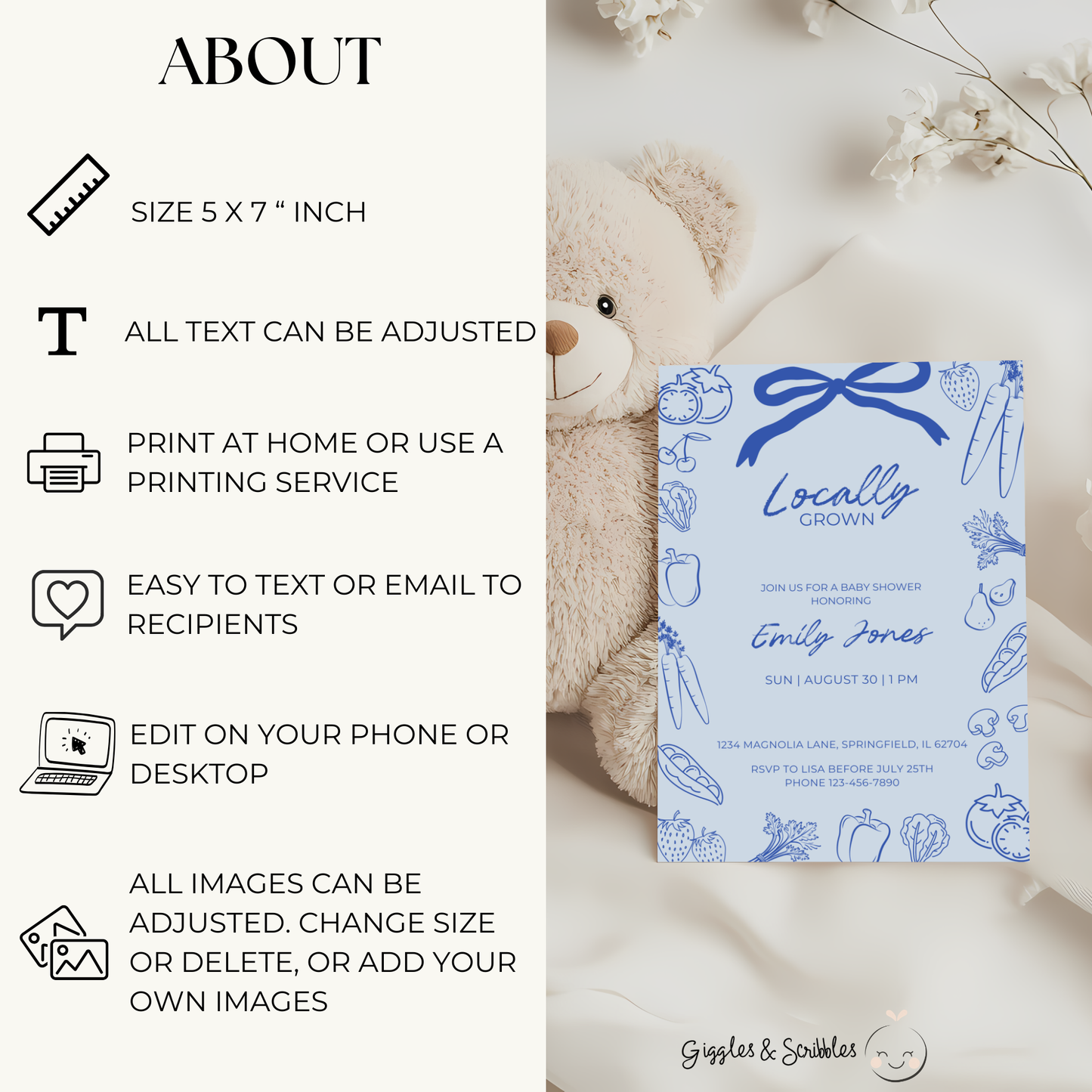 Baby Shower Invitation - Blue Locally Grown Hand Drawn Organic Farmers Market BS100