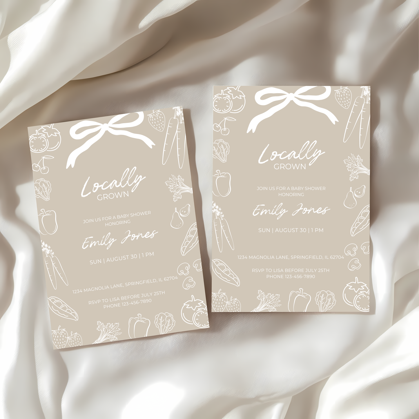 Baby Shower Invitation - Locally Grown Beige Hand Drawn Organic Farmers Market BS100