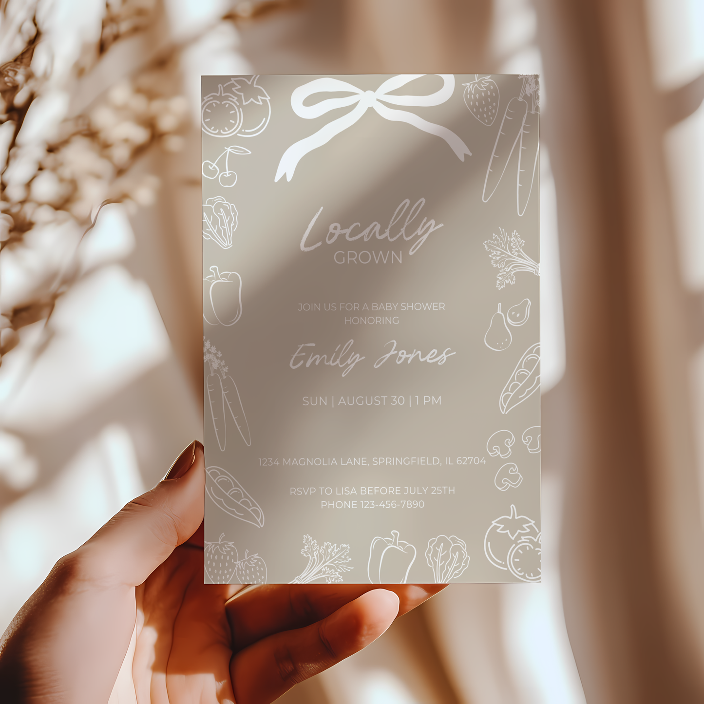 Baby Shower Invitation - Locally Grown Beige Hand Drawn Organic Farmers Market BS100
