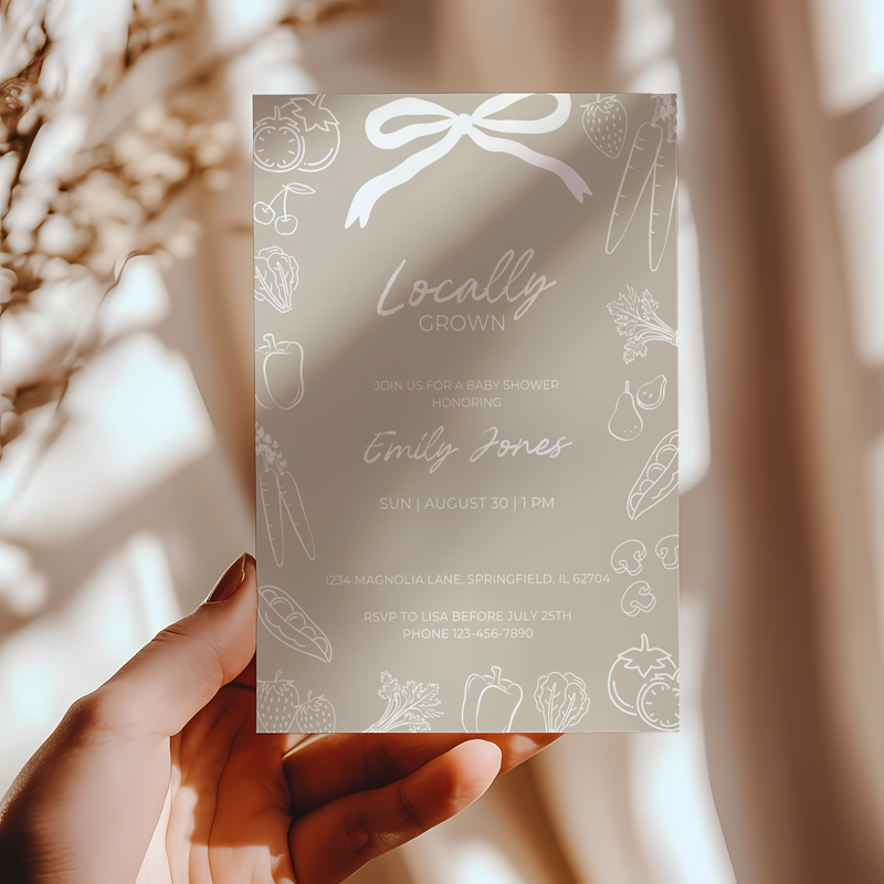 Baby Shower Invitation - Locally Grown Beige Hand Drawn Organic Farmers Market BS100